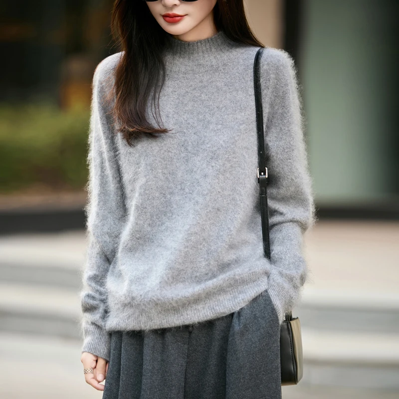 Embroidery - Pullover Wanita 100% Wol Berbulu Tebal,