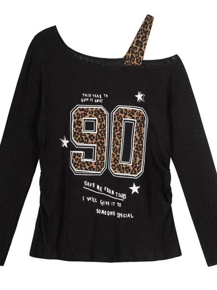 Embroidery - Kaos Leopard Print Patchwork Y2K Wanita,