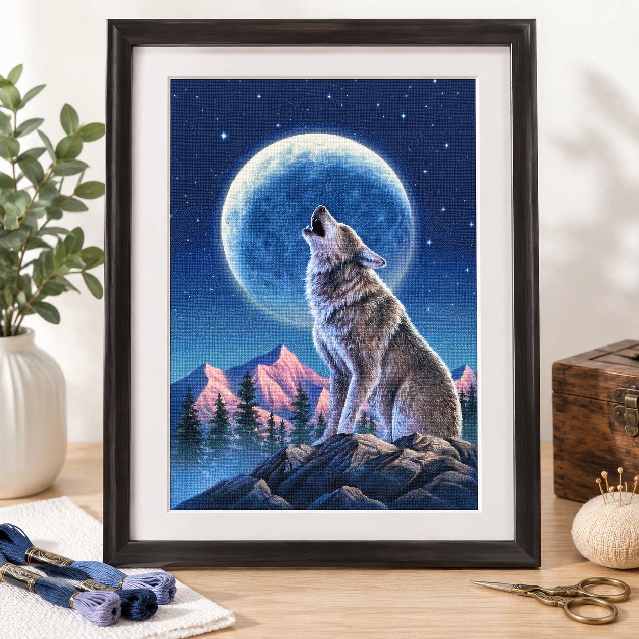 [ZZ9252-Lone Wolf Under the Mo - Cross Stitch Stamped Kits Beginners ulasan dan harga