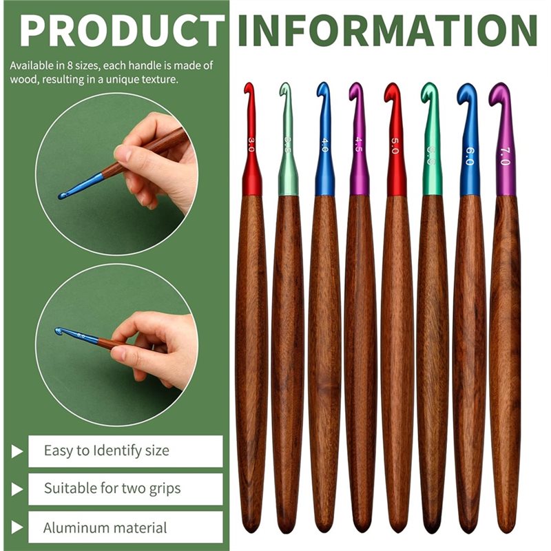 AB34-Jarum Rajut Aluminium Den - Wooden Crochet Hooks Ergonomic Handle ulasan dan harga